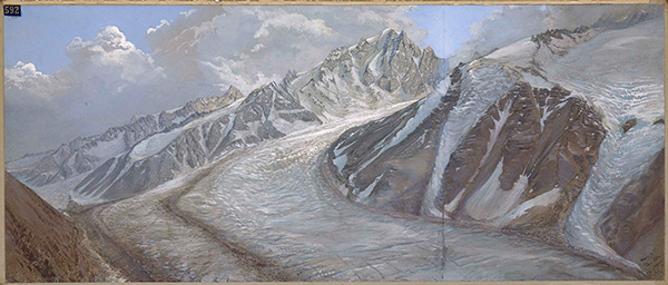 Eugène Viollet-le-Duc, Le glacier des Bois et la vallée de Chamonix, aiguille du Dru, aiguille Verte, durant la période glaciaire, 1874