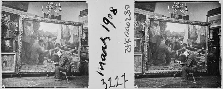 Jules Benoit-Lévy dans son atelier, peignant un sujet hollandais, mars 1908, positif stéréoscopique noir et blanc pour projection sur plaque de verre