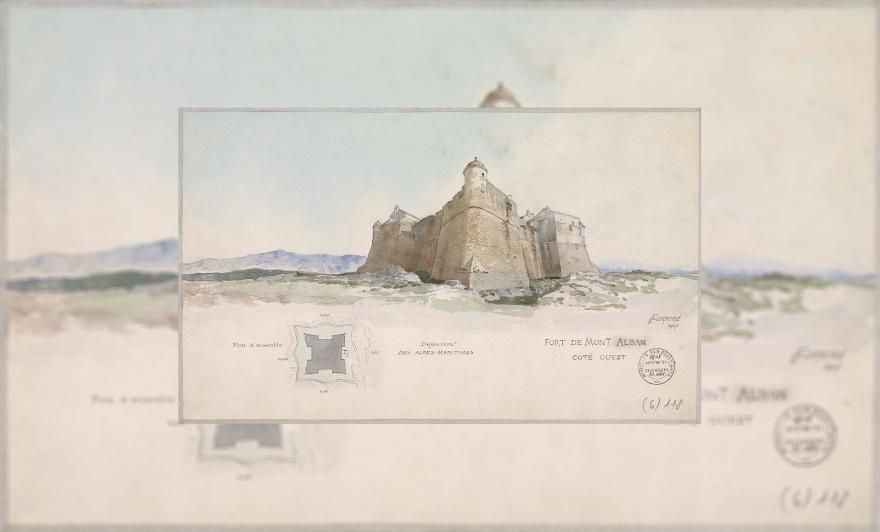 Dessin de Jean-Camille Formigé représentant une vue du côté ouest du fort de Mont Alban à Nice