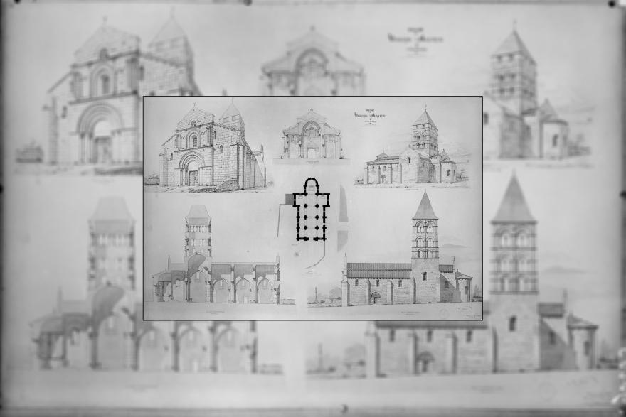 Elévation, plan et coupes de l'église de Varenne-l'Arconce en Saône-et-Loire Selmersheim Antoine Paul