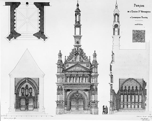 Charles Chaussepied, Porche : plan, coupes, élévations, Eglise Saint-Houardon, Landerneau, 1910-1914