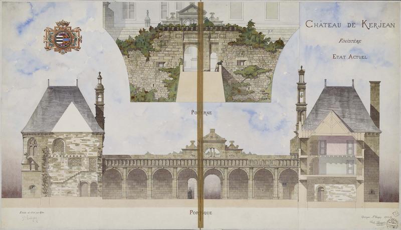 Charles Chaussepied, Coupe sur le portique et coupe sur la poterne, Château de Kerjean et ses dépendances, Saint-Vougay, 1905-1906