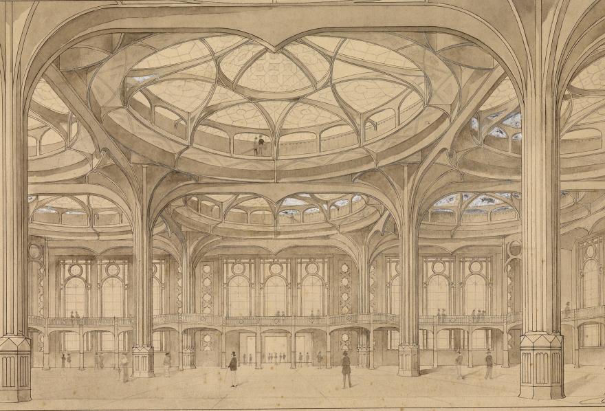 Anatole de Baudot, Projet de grand hall couvert d'une exposition, encre et aquarelle sur papier, 1914