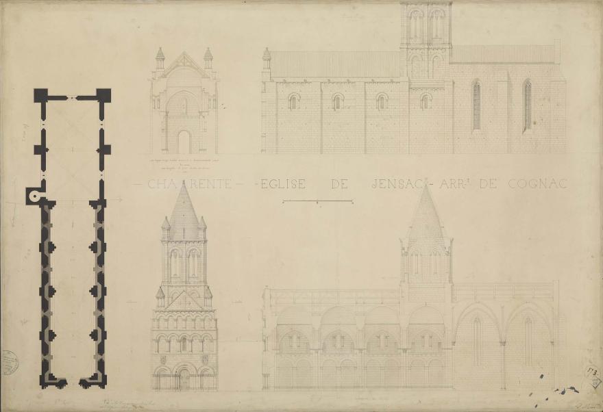 Paul Abadie, Église Saint-Martin de Gensac-la-Pallue :  élévations des façades, s.d principale et latérale et coupes longitudinale et transversale