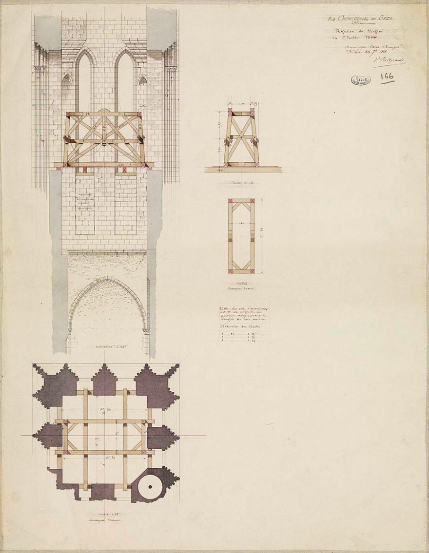 Victor Petitgrand, Cathédrale Notre-Dame (Sées), Réfection du beffroi du clocher nord : plan de l'enrayure de base ; élévation ; Coupe, 1888