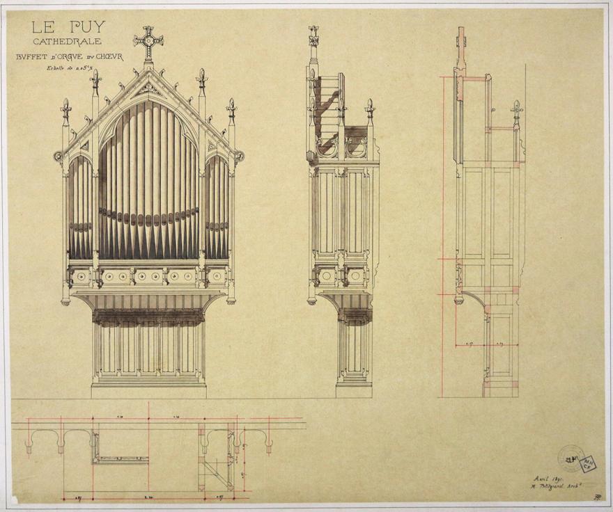 Victor Petitgrand, Cathédrale Notre-Dame, Le Puy-en-Velay (Haute-Loire), Buffet d'orgue du choeur. Elévations de face et de côté. Coupe. Plan, avril 1891