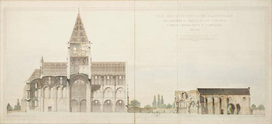 Alphonse Simil, Coupe longitudinale et façade de l’Abbaye de Cerisy-la-Forêt (Manche), 1887