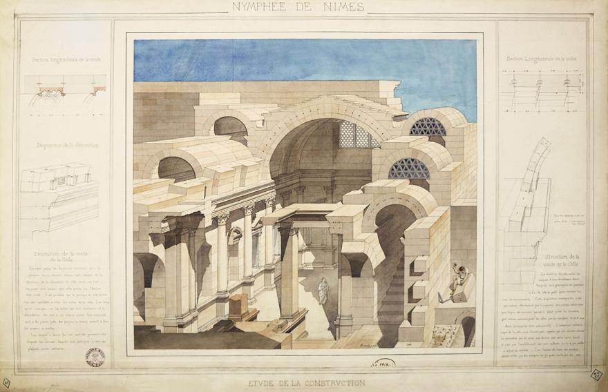 Alphonse Simil, Vue perspective intérieure, Étude de la construction du nymphée de Nîmes (Gard), s. d. 