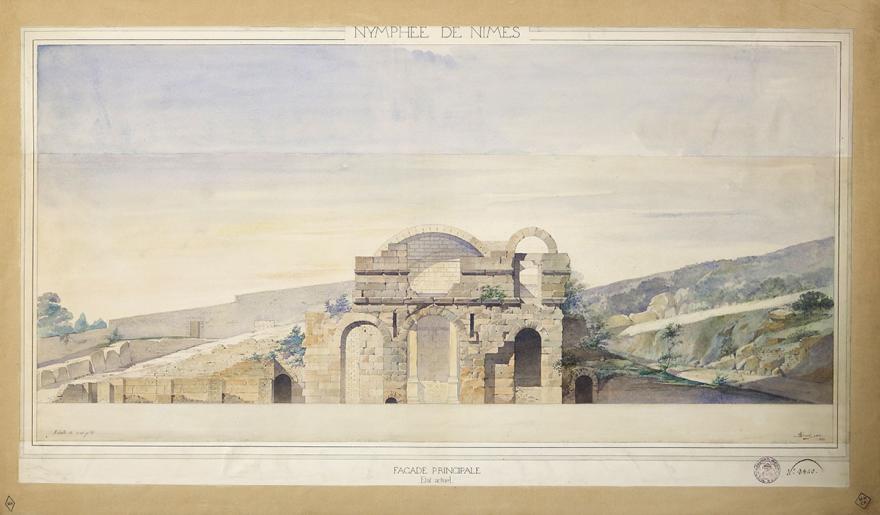 Alphonse Simil, État actuel, Élévation de la façade principale du nymphée de Nîmes (Gard), 1874