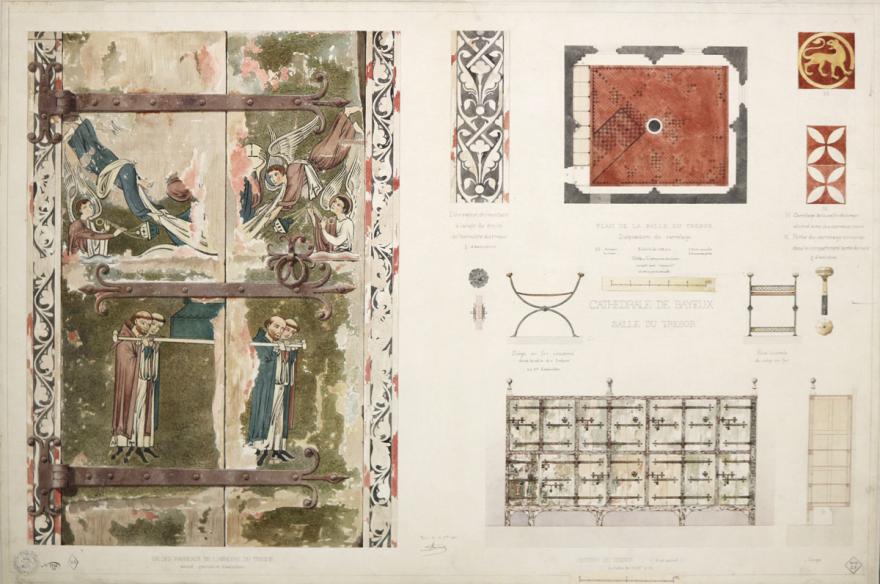 Alphonse Simil, Plan, détail des peintures et du mobilier de la salle du trésor de la cathédrale Notre-Dame de Bayeux (Calvados), 1881