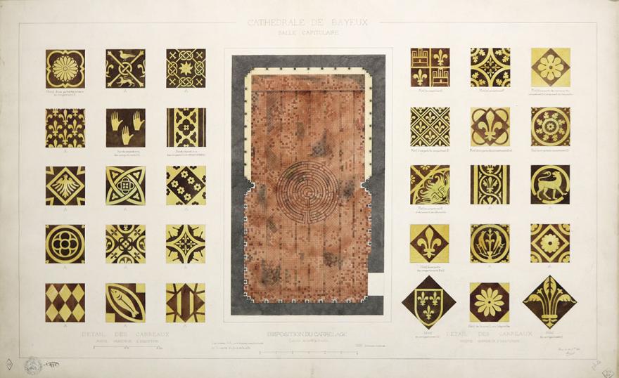 Alphonse Simil, Plan et détails du carrelage de la salle capitulaire de la cathédrale Notre-Dame de Bayeux (Calvados), 1881