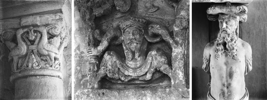 Chapiteau avec oiseaux affrontés, Chapiteau avec personnage barbu, Statue d’Atlante