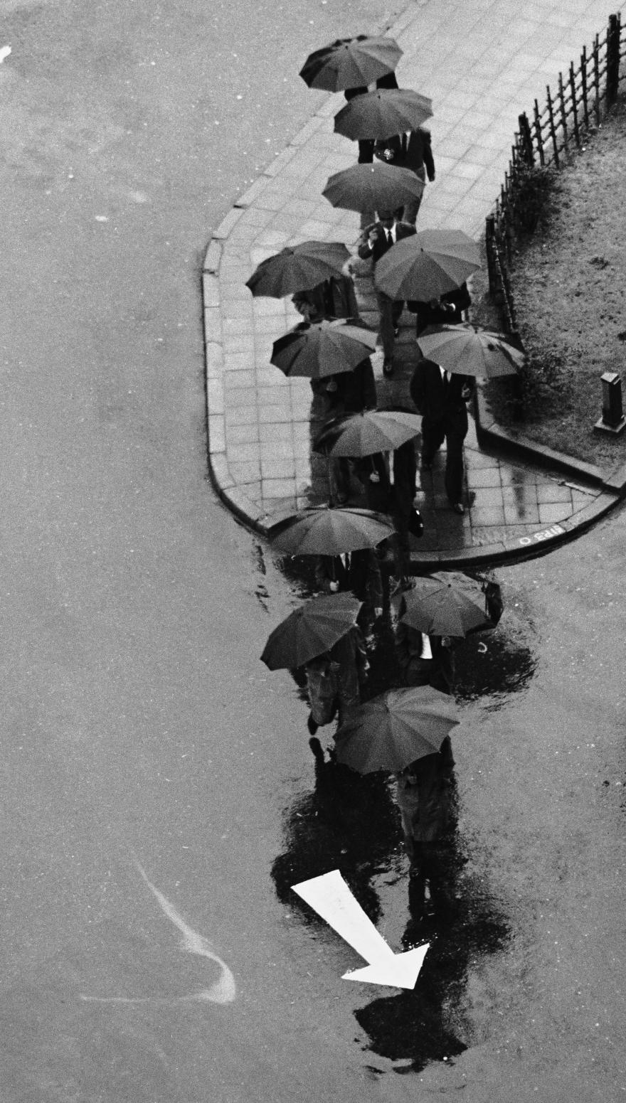 Hommes traversant une rue abrités sous leurs parapluies