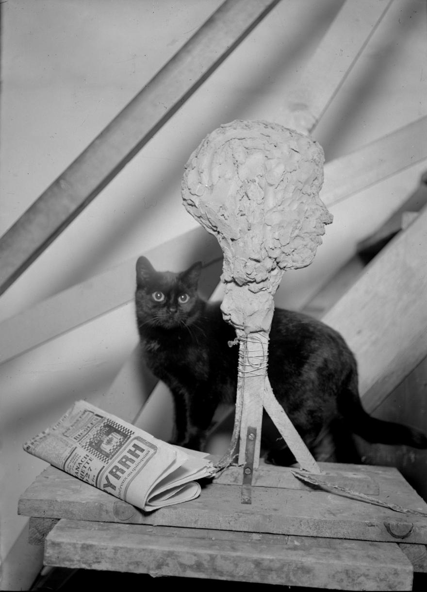 André Kertész, Etude avec un chat et une sculpture de Helba Huara, France, 1926