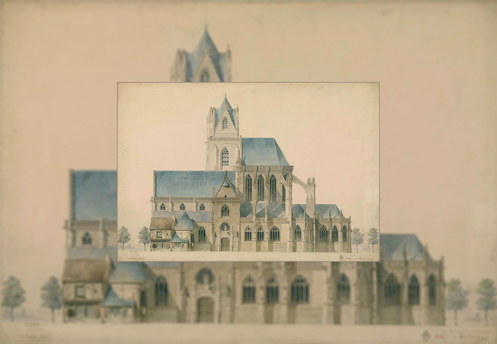 Élévation de la façade sud, église de la Ferté Bernard, Sarthe, Manguin
