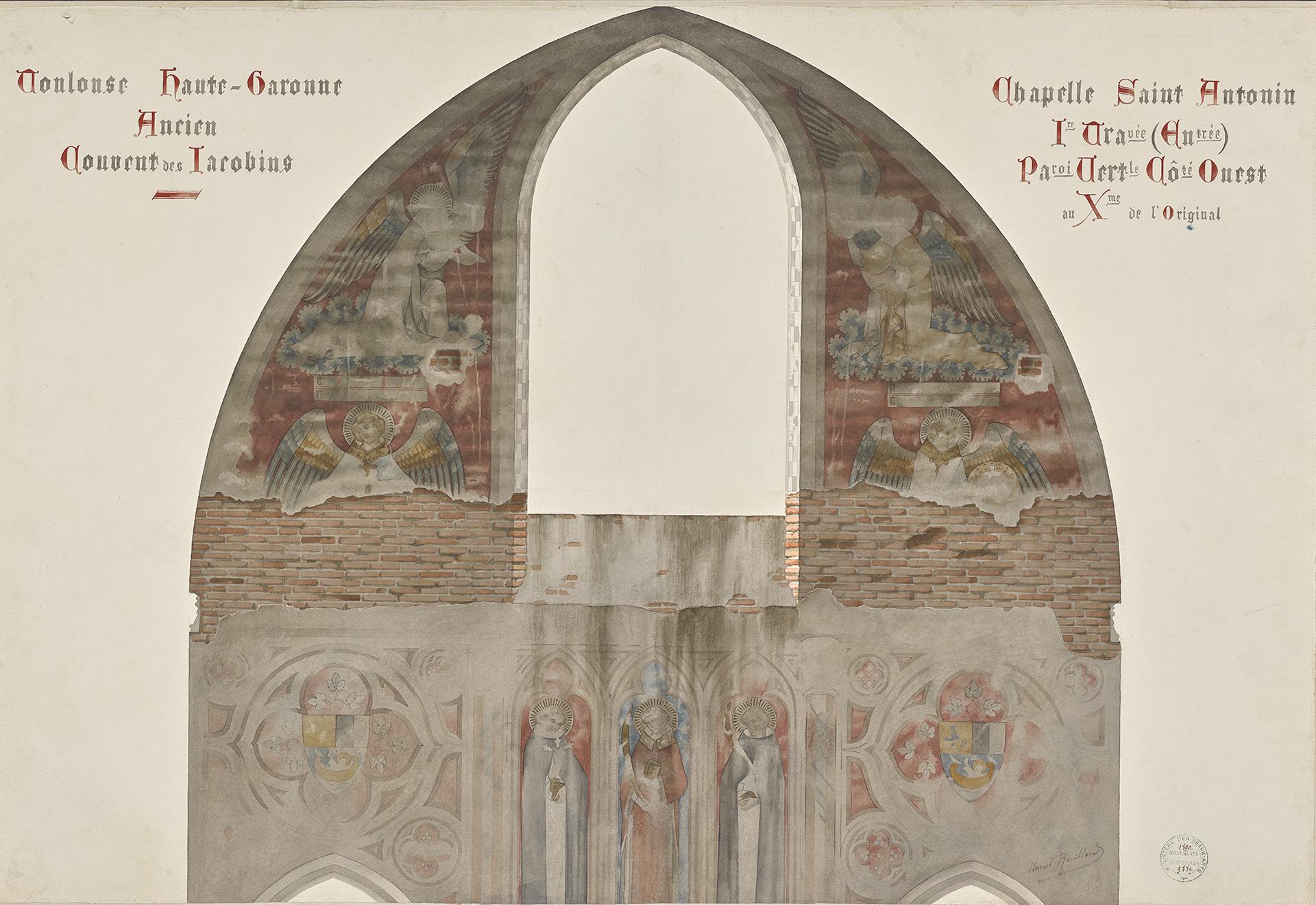 Anges autour de la baie et saints Antonin, Dominique et Pierre de Vérone sous des arcades en-dessous