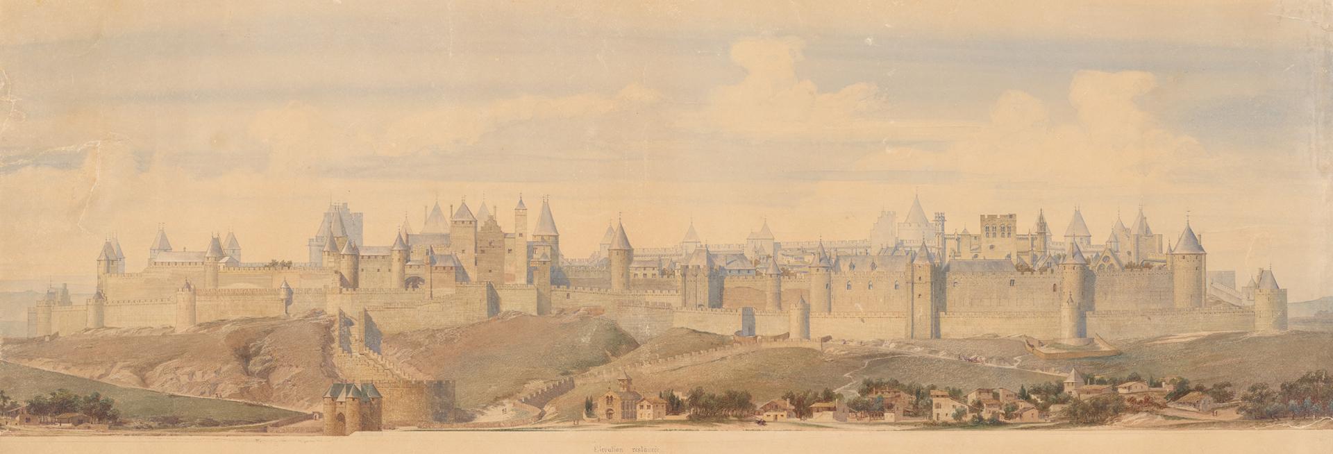 Élévation de la face ouest de la cité de Carcassonne.