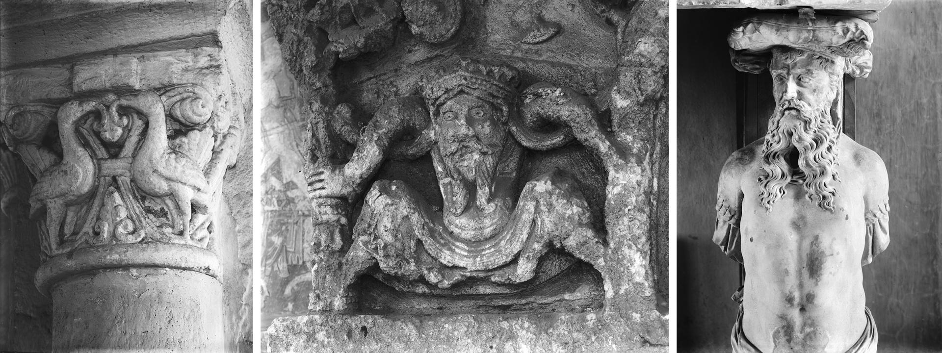 Chapiteau avec oiseaux affrontés, Chapiteau avec personnage barbu, Statue d’Atlante